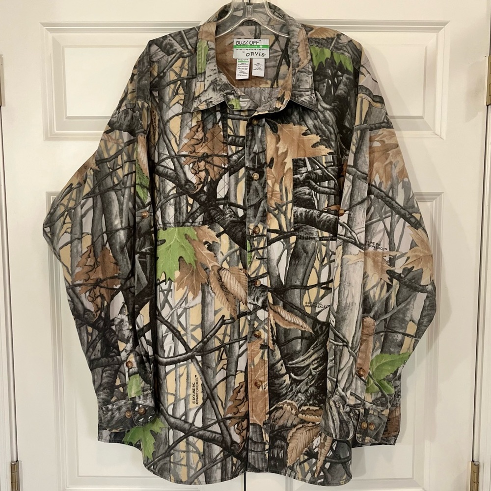 Orvis Buzz Off Insect Repellent Camo Button Down Long Sleeve Shirts, Size XXL